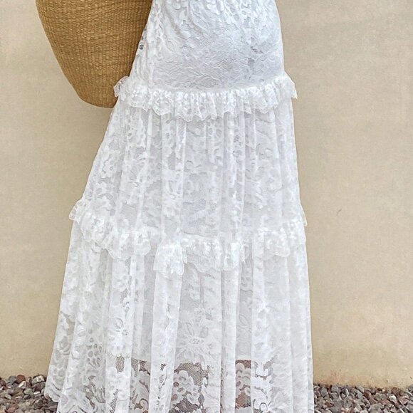 White Elegant Women's Lace Ruffle Hem Casual Flared Skirt Vacation - Picture 2 of 7